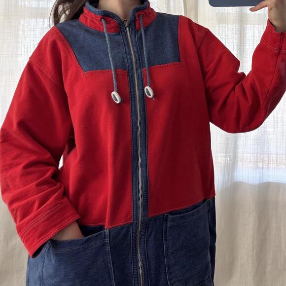 90s Vintage Liz Claiborne Liz & Co Full Zip Jacket Drawstring Red Blue Denim - Picture 5 of 5